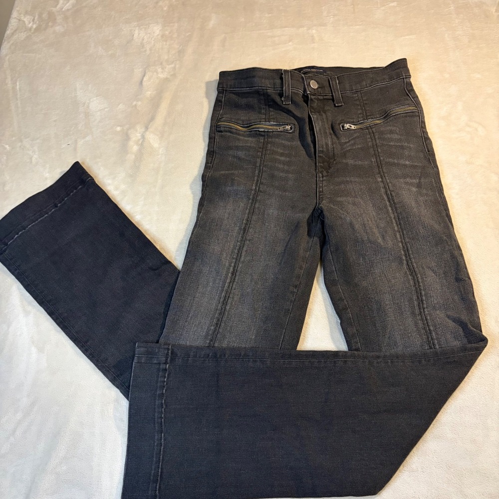 Ramy Brook Black High Rise Flare Jeans with Front Zips and Side Slits Size 28